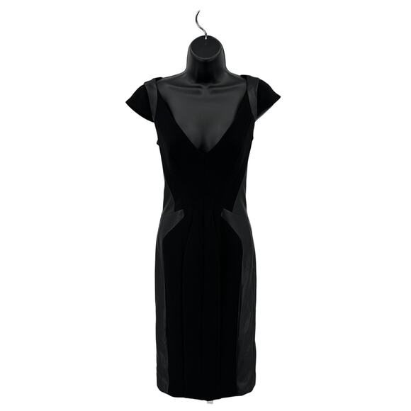 Marciano by Guess Bodycon Midi Dress WMNS 0 Black V-neck Panel Detail Cap Sleeve - Picture 1 of 7